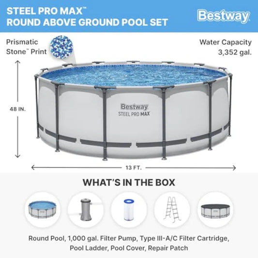 13' x 48" Above Ground Round Metal Frame Outdoor Swimming Pool Set with Filter Pump Ladder and Cover Gray