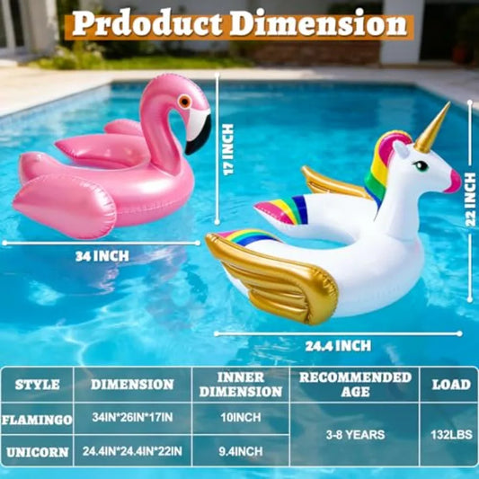 2 Pack Unicorn, Flamingo Inflatable Swim Tubes in Pastel Colors for Ages 3-8