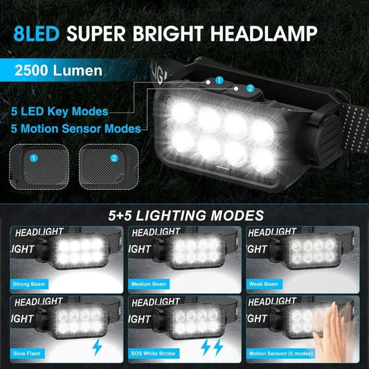 Motion Sensor Rechargeable Headlamp 8 LED Ultra Bright Flashlight for Fishing Camping Hiking Headlight