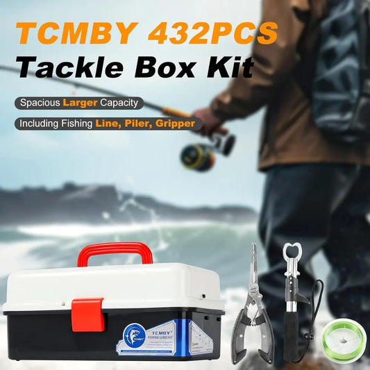 3-Tier Fishing Tackle Box with 432 Pieces Lures Set, Including Pliers,
