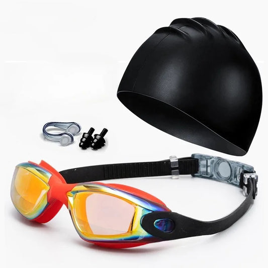 , anti- fog, anti UV swimming goggles and swimming cap set