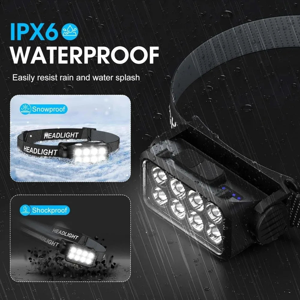 Motion Sensor Rechargeable Headlamp 8 LED Ultra Bright Flashlight for Fishing Camping Hiking Headlight