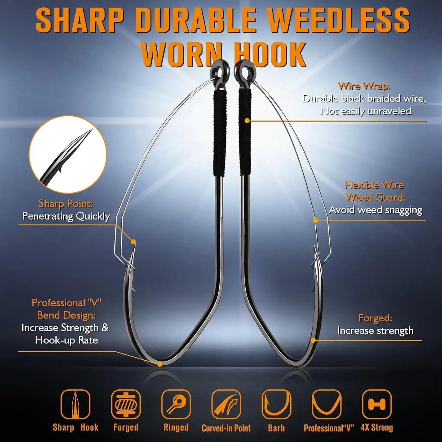 Weedless Worm Hooks Wacky Rig Hooks Texas Rig Hooks 30PCS Professional V