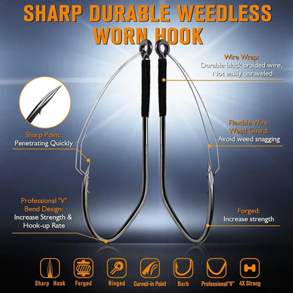 Weedless Worm Hooks Wacky Rig Hooks Texas Rig Hooks 30PCS Professional V