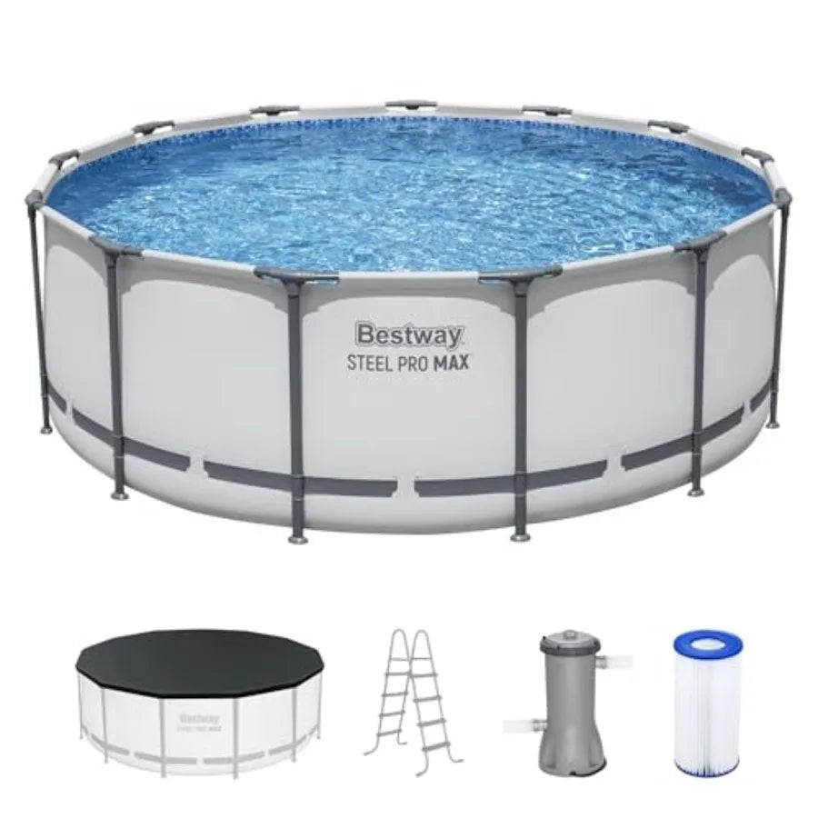 13' x 48" Above Ground Round Metal Frame Outdoor Swimming Pool Set with Filter Pump Ladder and Cover Gray