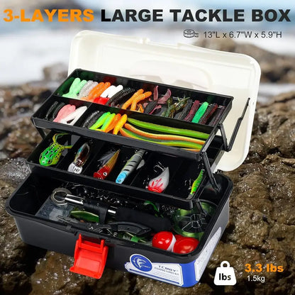 3-Tier Fishing Tackle Box with 432 Pieces Lures Set, Including Pliers,