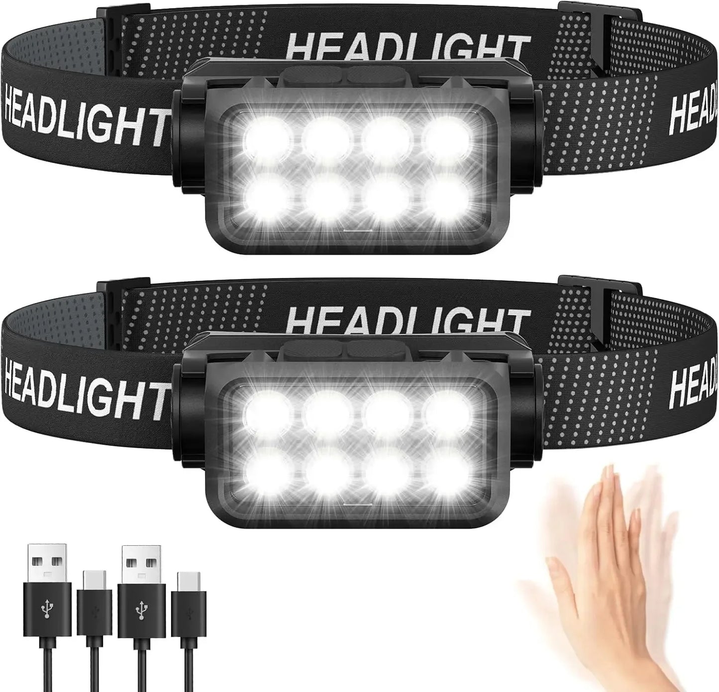 Motion Sensor Rechargeable Headlamp 8 LED Ultra Bright Flashlight for Fishing Camping Hiking Headlight