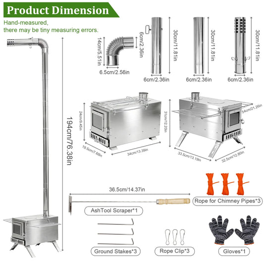 Stainless Steel Wood Burning Stove with 7 Chimney Pipes Fire Pit Stove