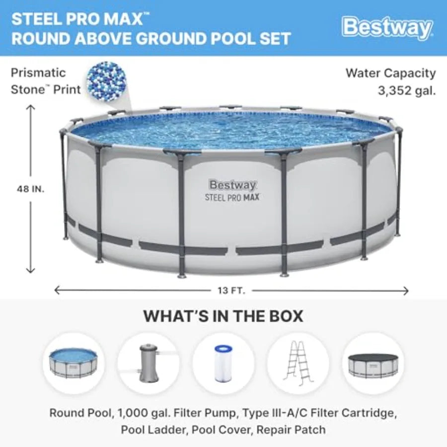 13' x 48" Above Ground Round Metal Frame Outdoor Swimming Pool Set with Filter Pump Ladder and Cover Gray