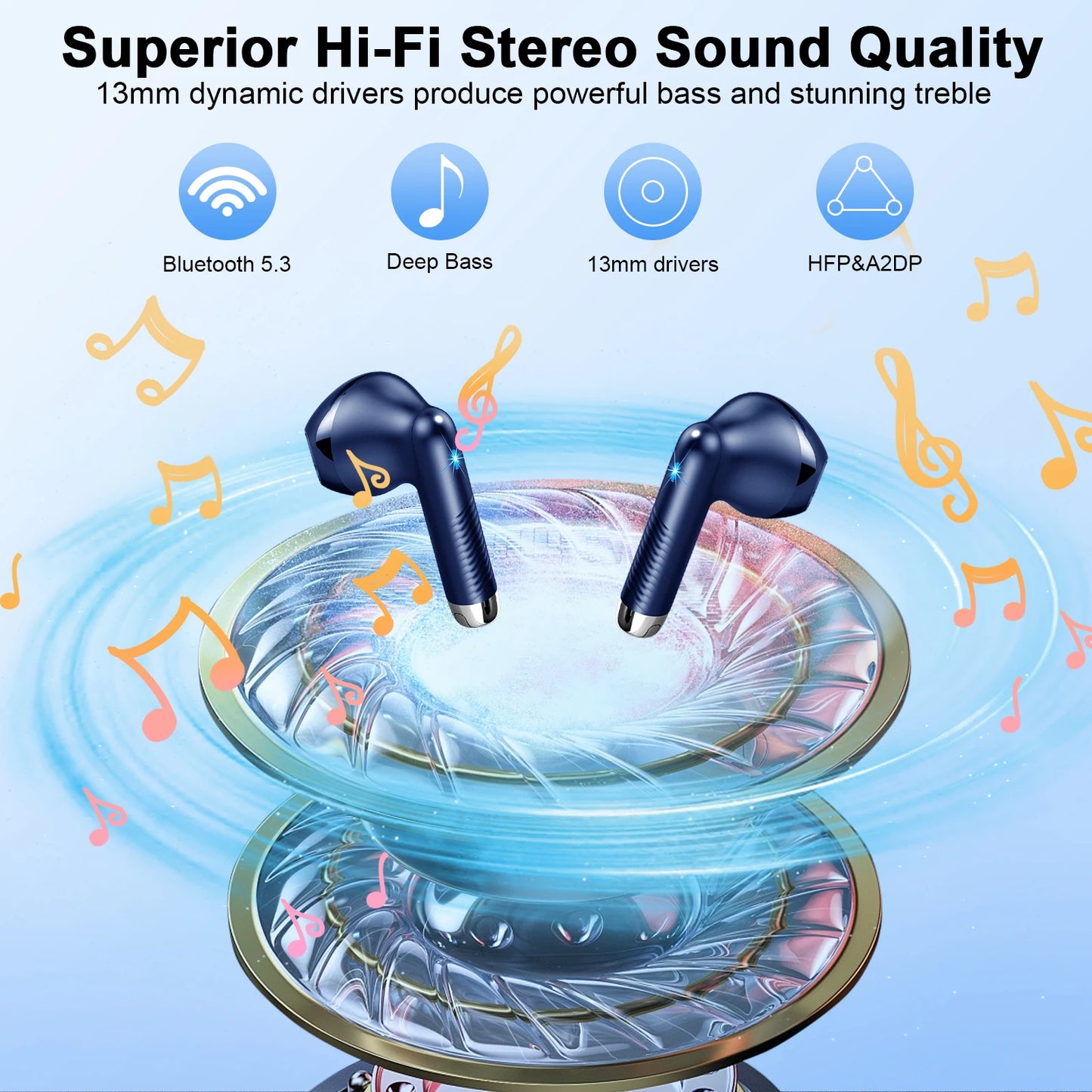 Bluetooth 5.3 Earbuds Stereo Bass, in-Ear Noise Cancelling Mic