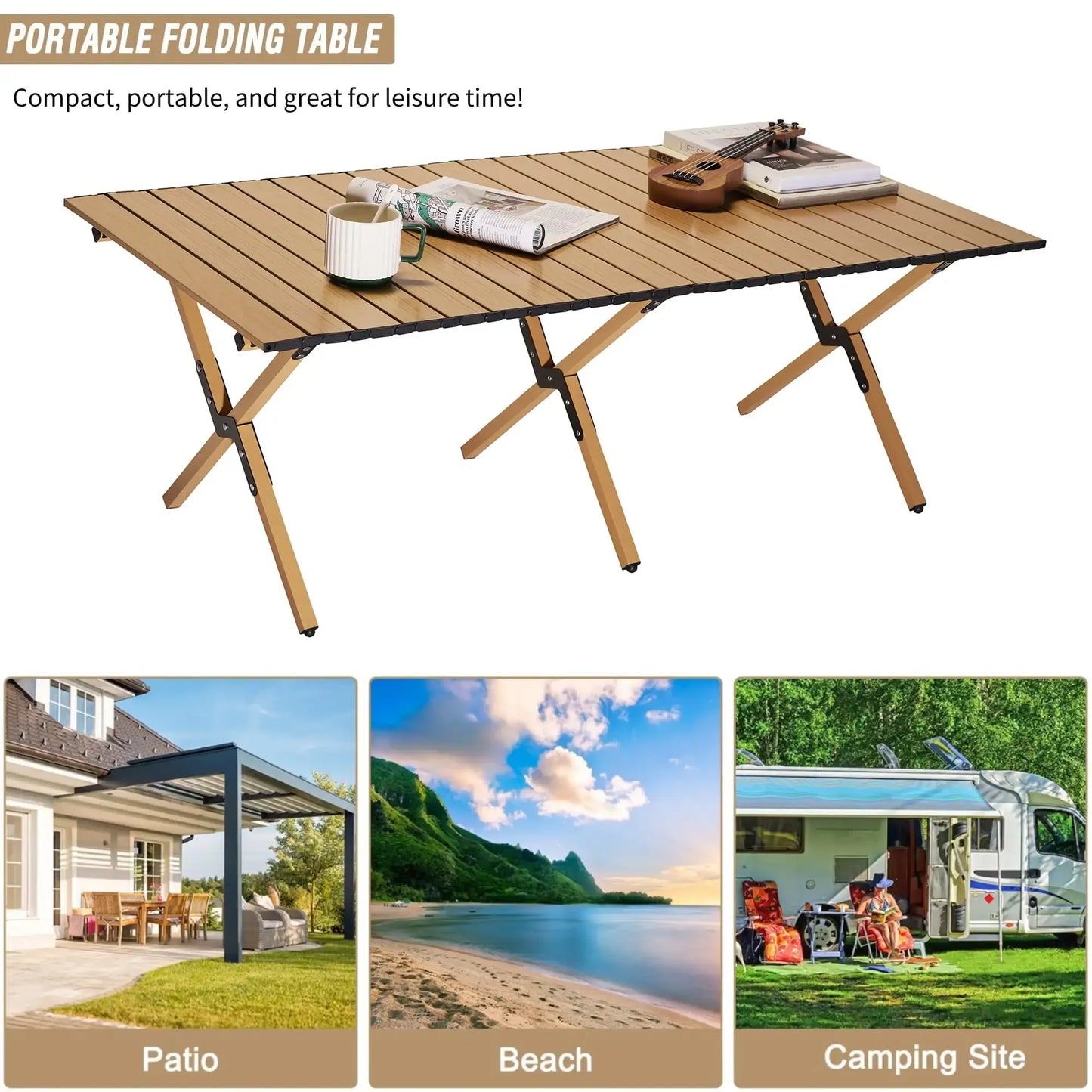 Portable Roll-Top Camping Table, 47.3" x 23.2" x 17.7"