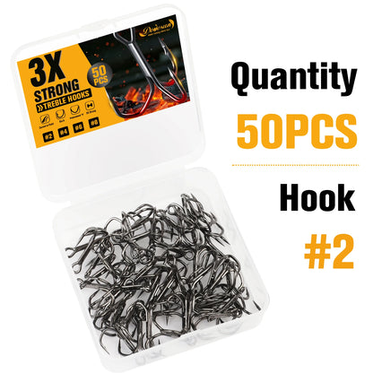 Treble Hooks 3X Strong Fishing Hooks50PCS Size #8#6#4#2