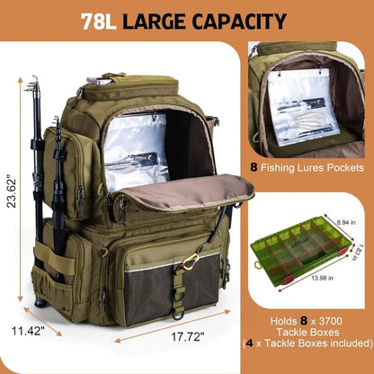 78L Waterproof Fishing Backpack with 4 Tackle Boxes, Cooler, Rod Holders, 8 Lure Pockets, Rain Cover, Large Storage for Camping