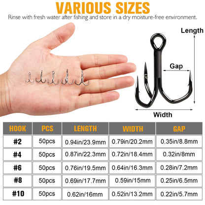 Treble Hooks 3X Strong Fishing Hooks50PCS Size #8#6#4#2