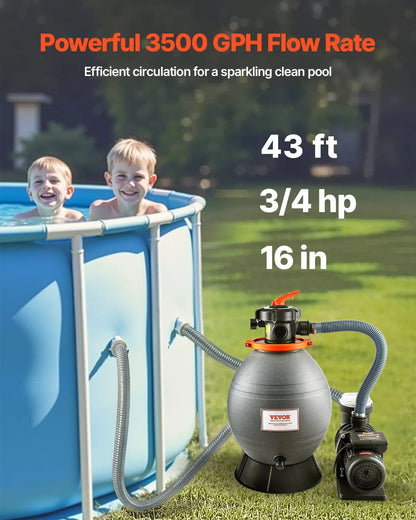16 Inch Sand Filter Pump System 3500 GPH 3/4 HP for Above Ground Pool