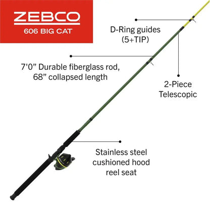 606 Big Cat Spin cast Reel and Fishing Rod Combo, 7Foot 2Piece Telescopic Rod