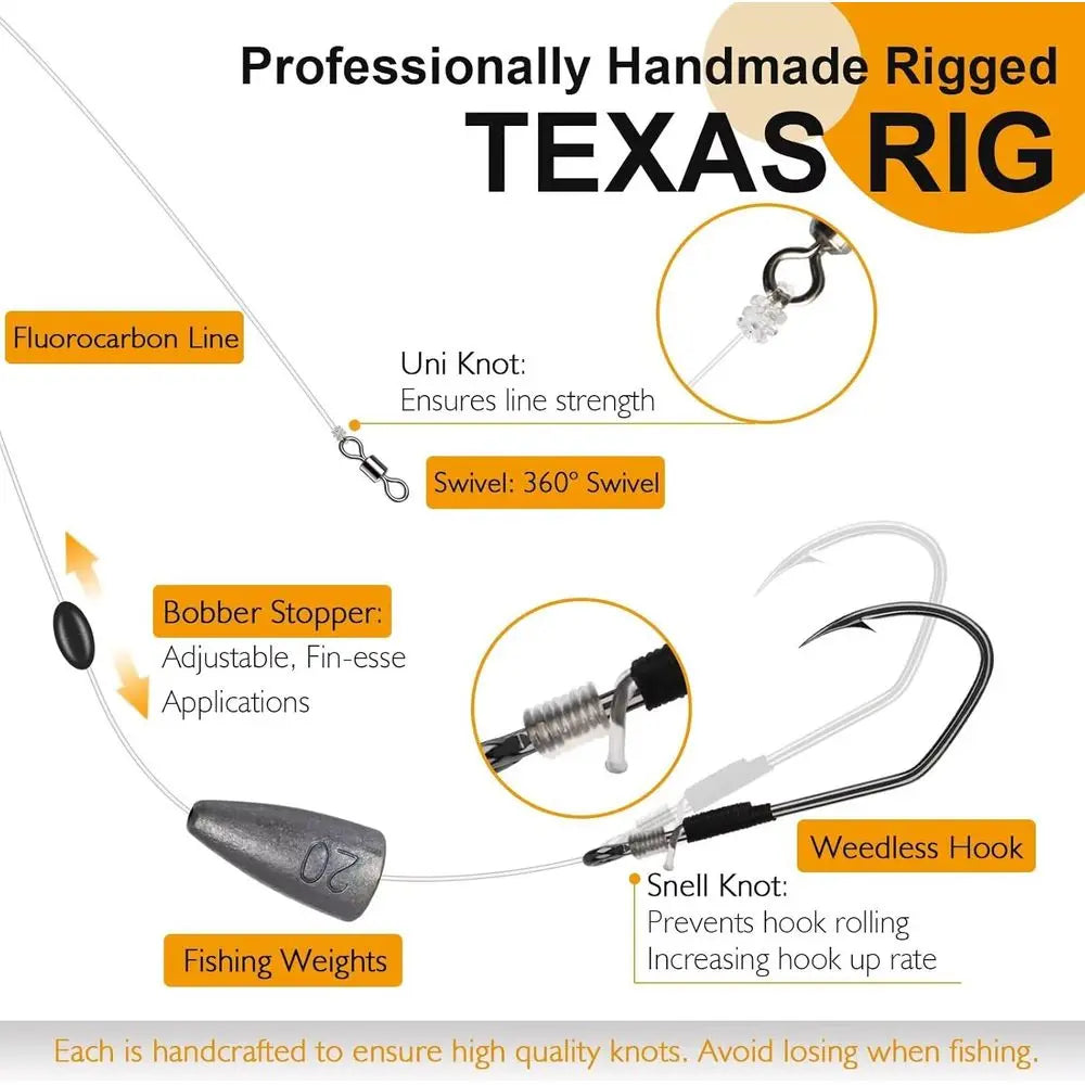 5pcs Texas Rigs with Hooks, Swivels, Fluorocarbon Line & Various Weights