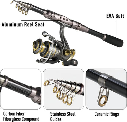 125-Piece Telescopic Fishing Rod and Reel Combo Set with Tackle Bag for Adults, Collapsible Travel Gear for Freshwater Saltwater