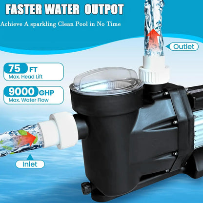 Swimming Pool Pump 3HP 110V 9000 GPH Single Speed with Strainer Filter Basket