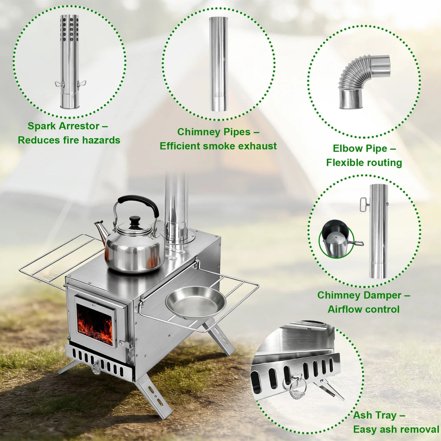 Stainless Steel Wood Burning Stove with 7 Chimney Pipes Fire Pit Stove
