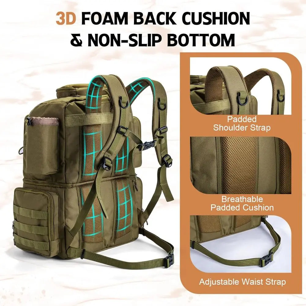 78L Waterproof Fishing Backpack with 4 Tackle Boxes, Cooler, Rod Holders, 8 Lure Pockets, Rain Cover, Large Storage for Camping
