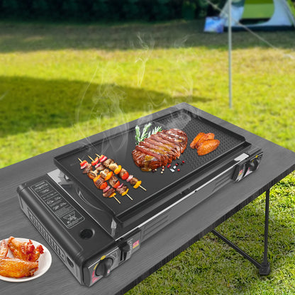 2-Burner Family Camping Gas Stove with Grill Pan
