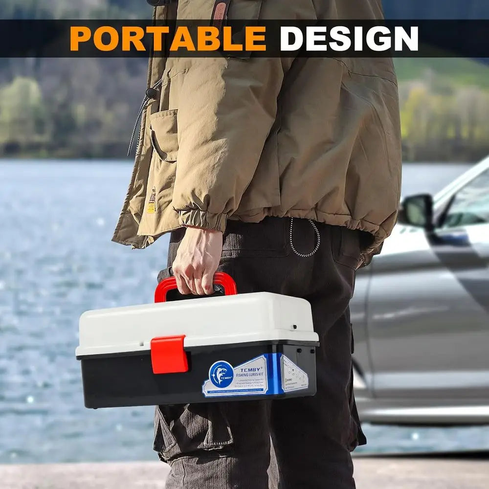 3-Tier Fishing Tackle Box with 432 Pieces Lures Set, Including Pliers,