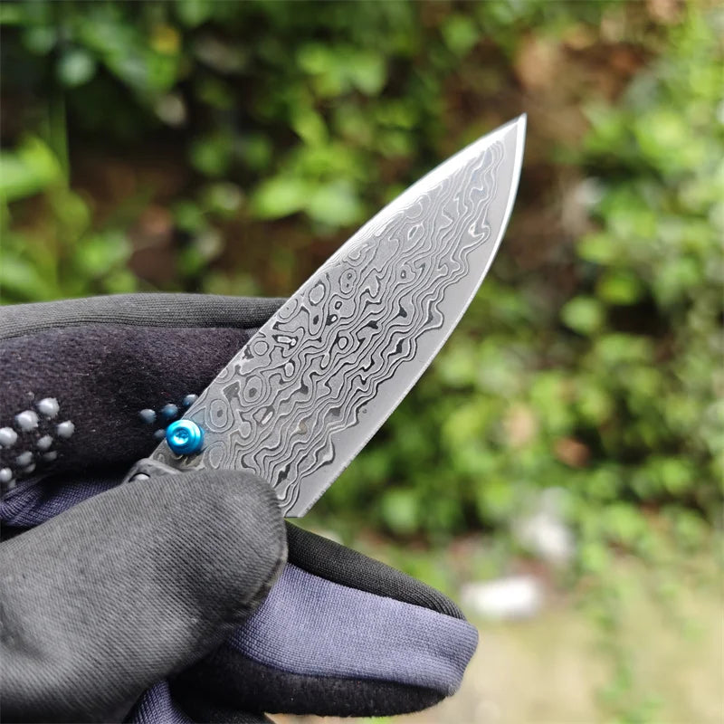 Folding Pocket Knife Damascus Steel Carbon Fiber Handle