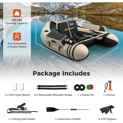 Inflatable Float Tube, Fishing Boat with Fish Ruler, Pump, Storage Bag, Adjustable Straps