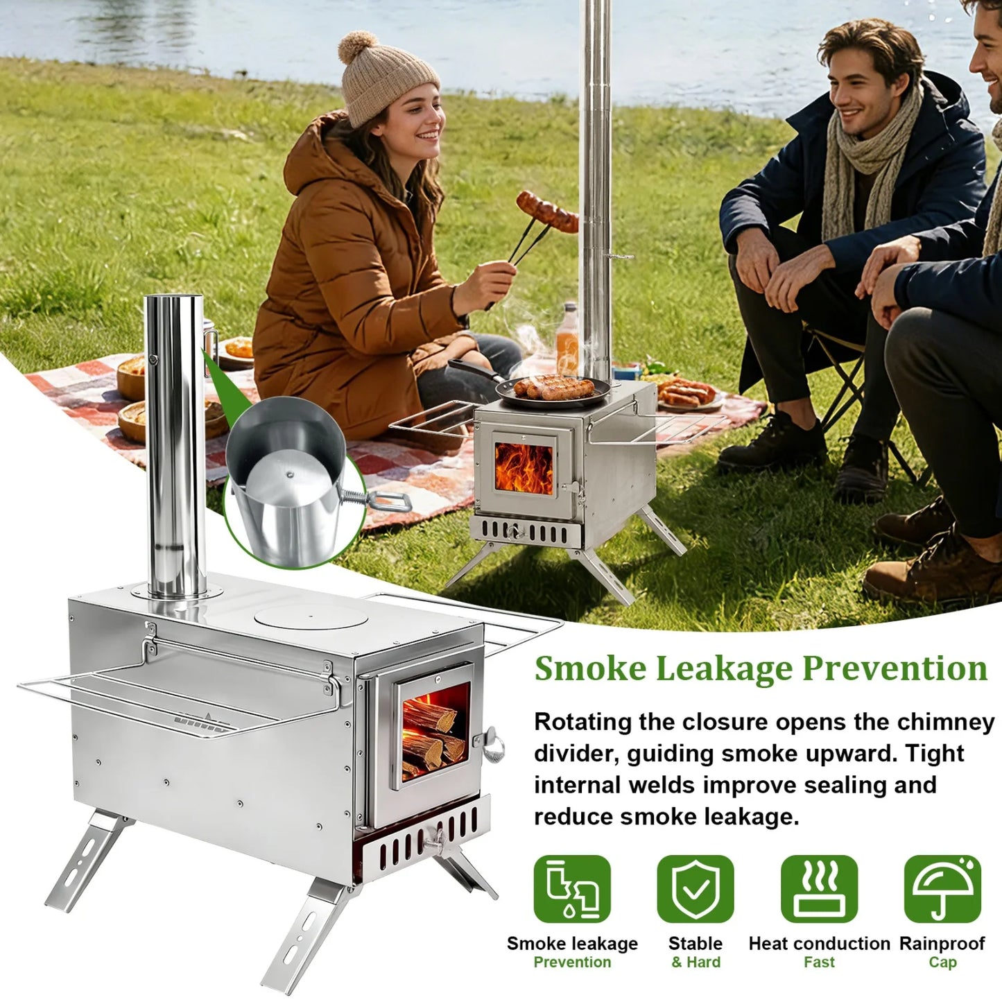 Stainless Steel Wood Burning Stove with 7 Chimney Pipes Fire Pit Stove