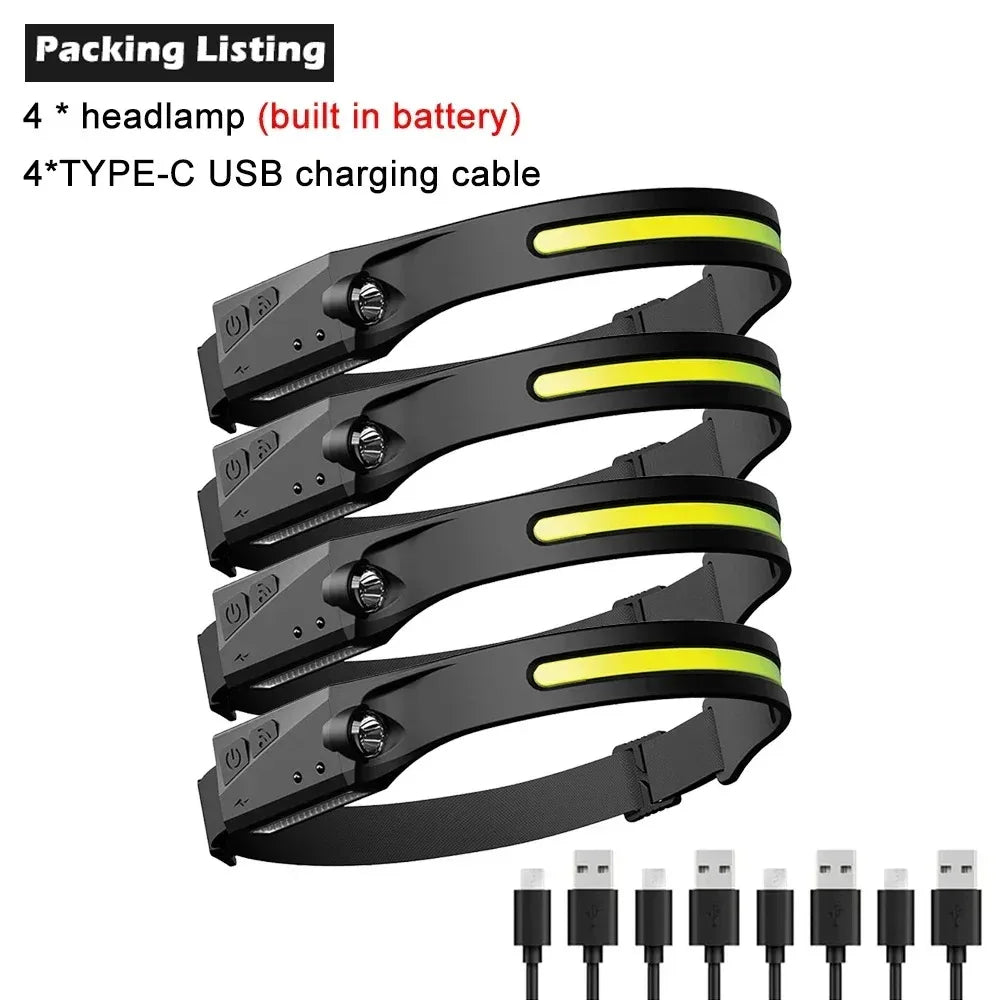 4-Pack LED Sensor Headlamp USB Rechargeable Built-in Battery Waterproof Head Torch for Camping Fishing Hiking