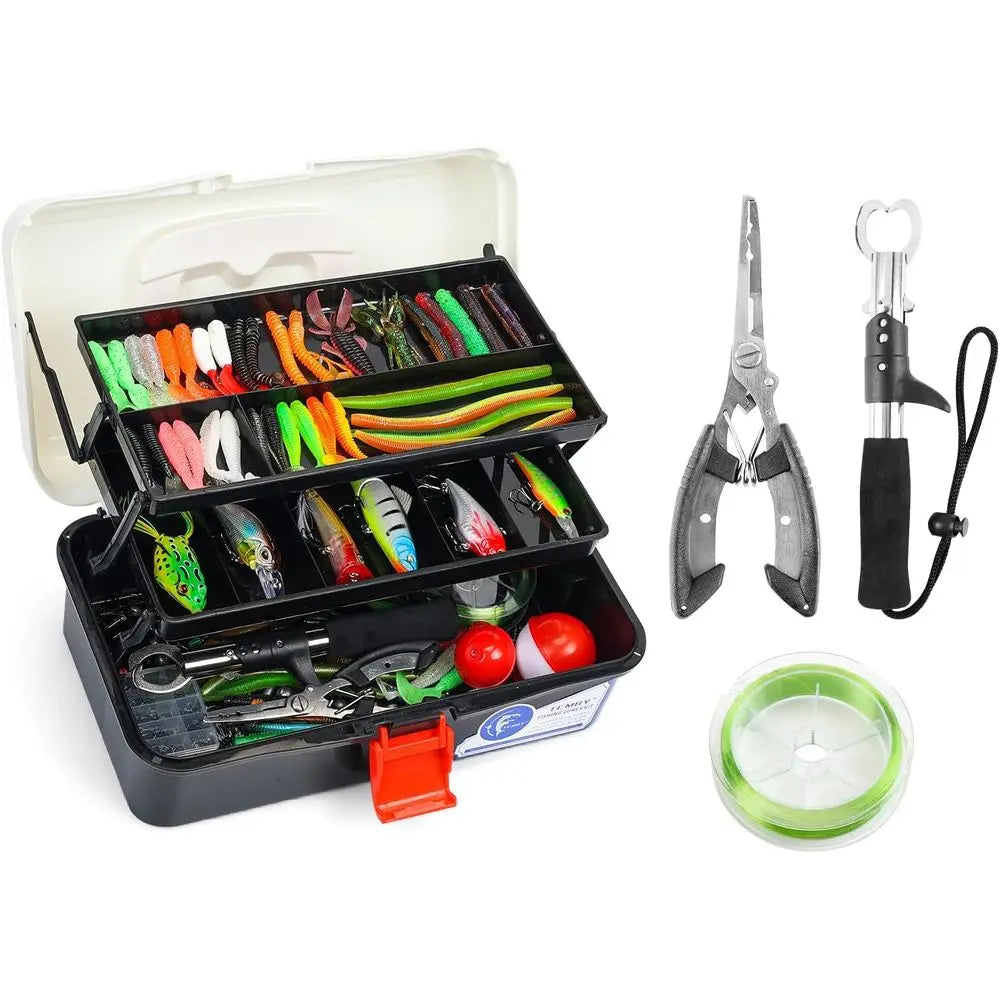 3-Tier Fishing Tackle Box with 432 Pieces Lures Set, Including Pliers,