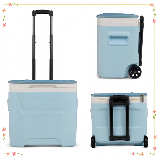 28QT Powder Blue Soft Top Cooler with Wheels,