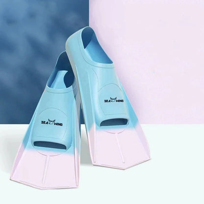 Swimming training with fins wrapped around the feet design