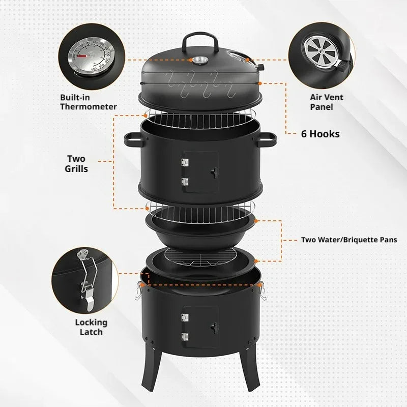 3-Tier Charcoal Smoker Grill,