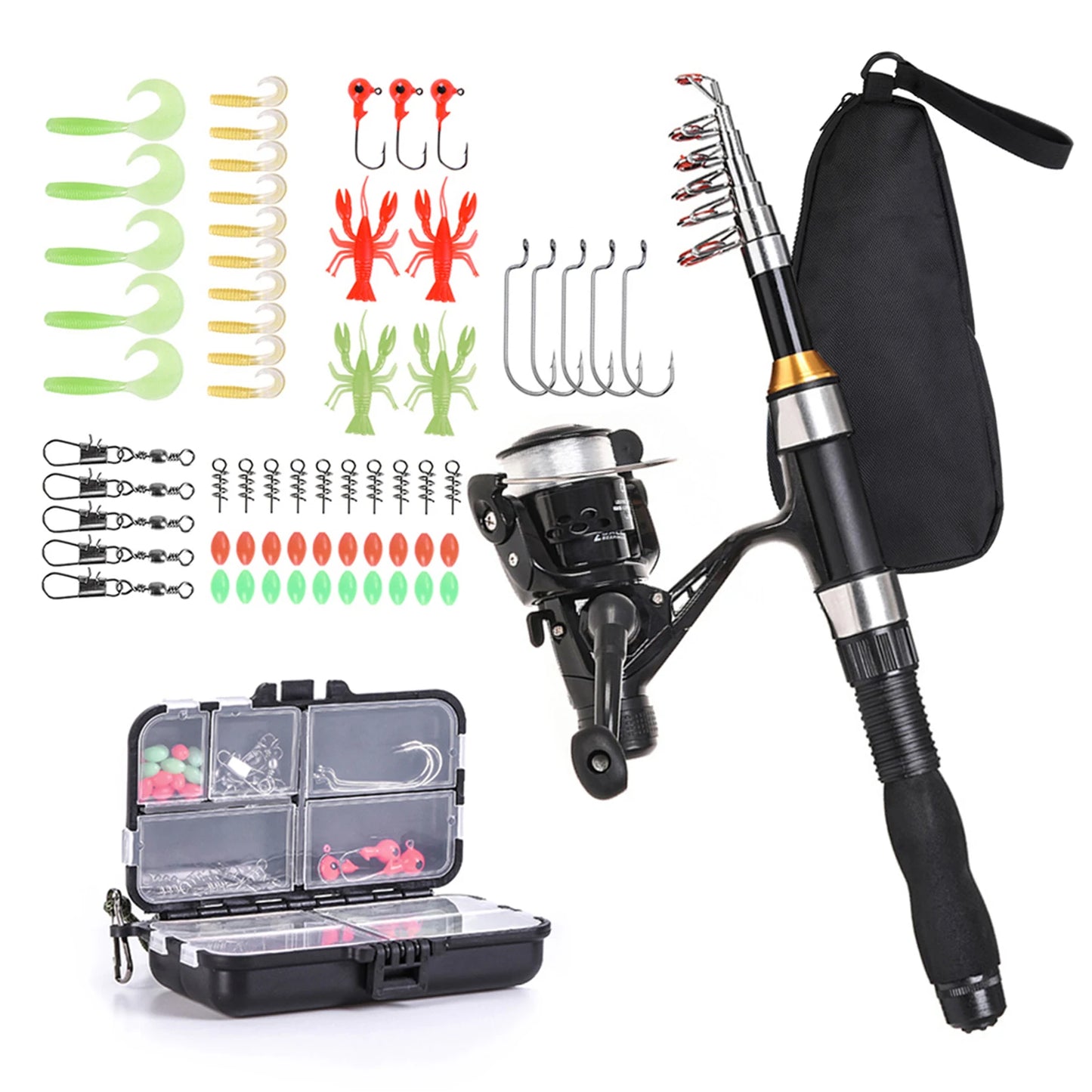 1.5m Telescopic Fishing Rod Spinning Reel Set with Hooks Soft Lures Barrel Swivels Storage Bag