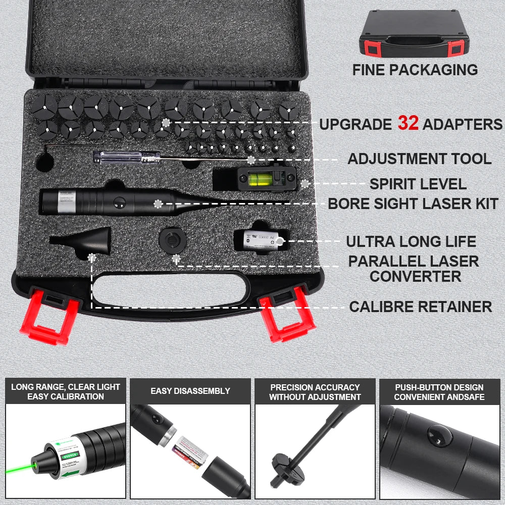 Universal Laser Boresighter Kit: Green Laser, 32 Adapters,
