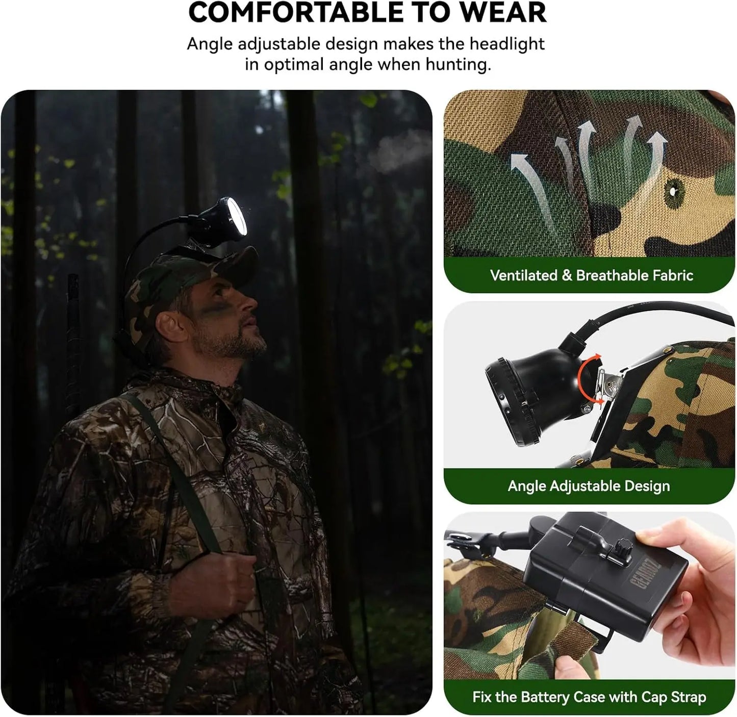 10W Coon Hunting Headlamp, 4 Modes, IPX5 Waterproof, 400 Lumens Rechargeable