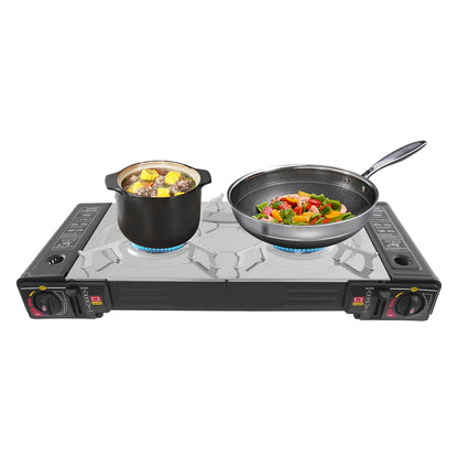 2-Burner Family Camping Gas Stove with Grill Pan