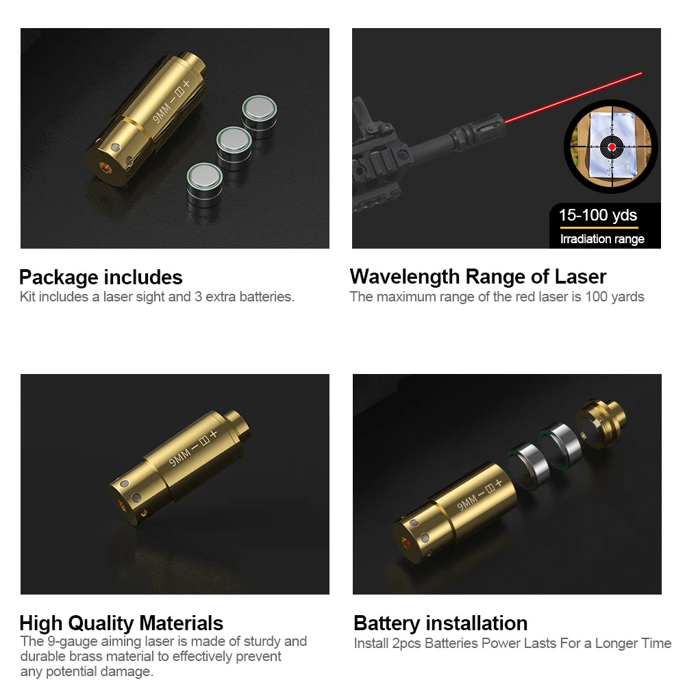 9MM Optics Cartridge Red Dot Laser Bore sighter For Pistol