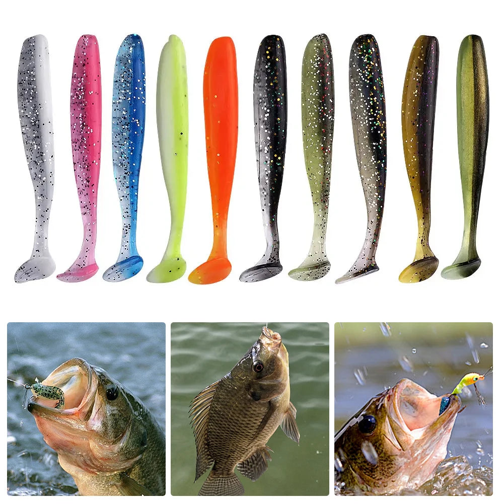 10Pcs 9cm Fishing Lures T Tail Worm Soft Bait Plastic