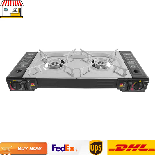 2-Burner Family Camping Gas Stove with Grill Pan
