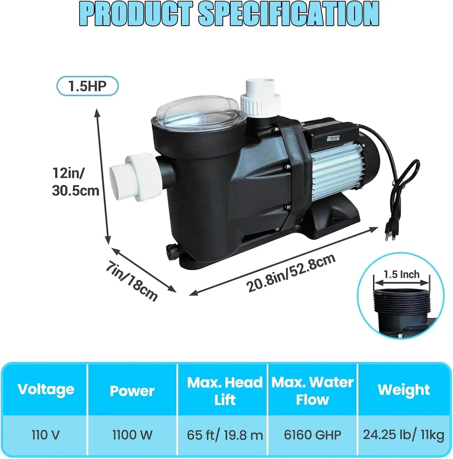 Swimming Pool Pump 3HP 110V 9000 GPH Single Speed with Strainer Filter Basket