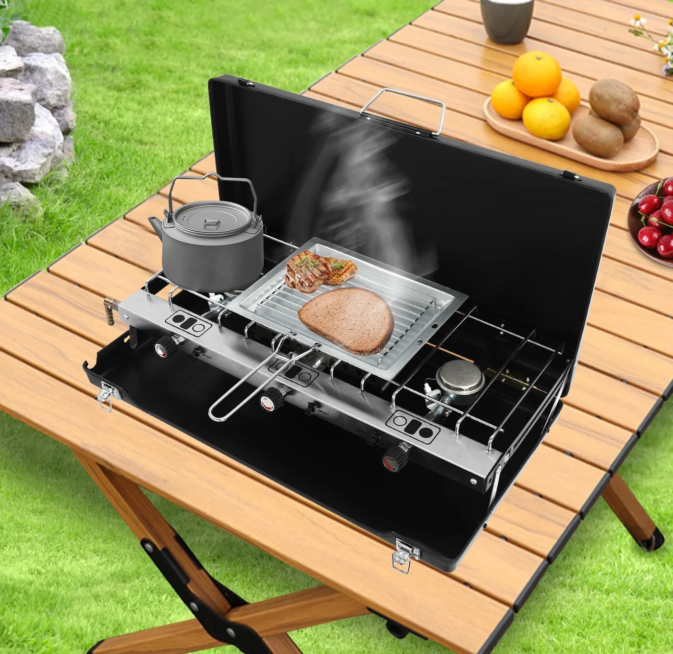 Camping Stove Gas 3 Separate Burner Windshield