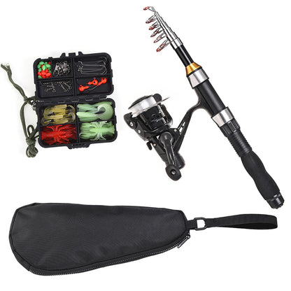 1.5m Telescopic Fishing Rod Spinning Reel Set with Hooks Soft Lures Barrel Swivels Storage Bag
