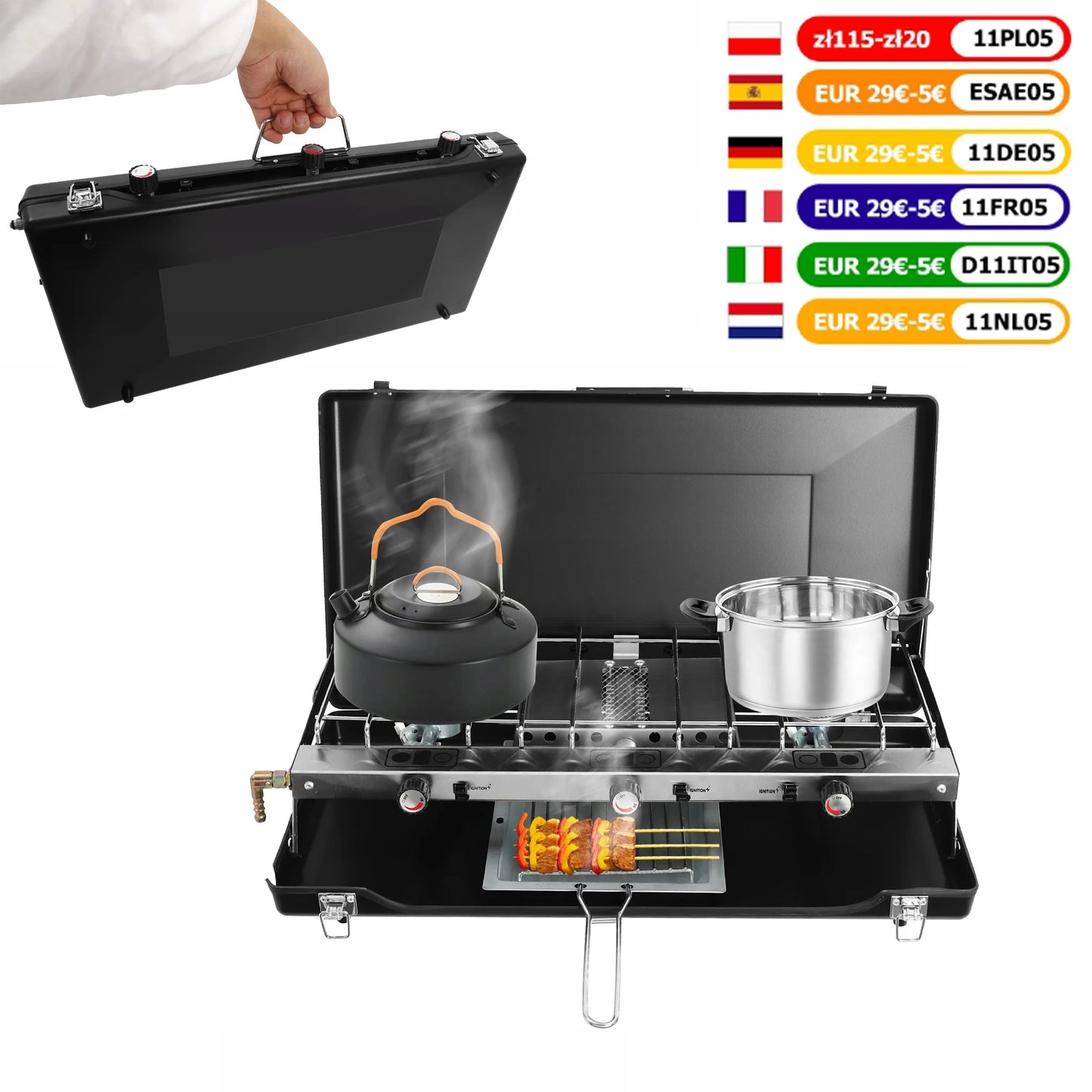 Camping Stove Gas 3 Separate Burner Windshield