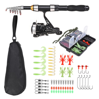 1.5m Telescopic Fishing Rod Spinning Reel Set with Hooks Soft Lures Barrel Swivels Storage Bag