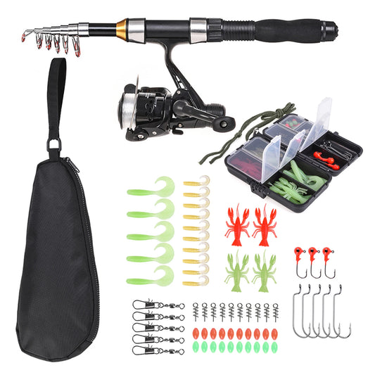 1.5m Telescopic Fishing Rod Spinning Reel Set with Hooks Soft Lures Barrel Swivels Storage Bag