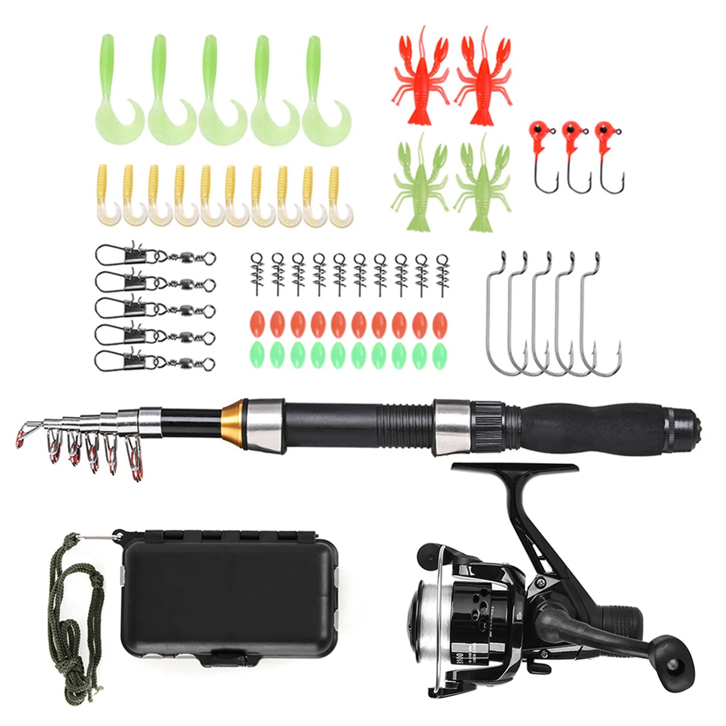 1.5m Telescopic Fishing Rod Spinning Reel Set with Hooks Soft Lures Barrel Swivels Storage Bag