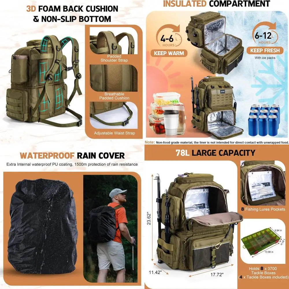 78L Waterproof Fishing Backpack with 4 Tackle Boxes, Cooler, Rod Holders, 8 Lure Pockets, Rain Cover, Large Storage for Camping